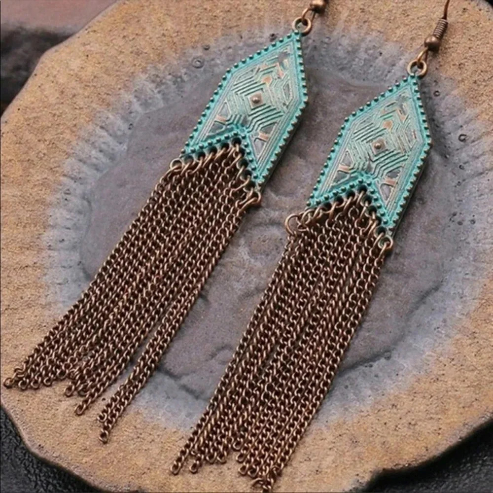 Turquoise Boho Tassel Earrings | Long Fringe Statement Jewelry